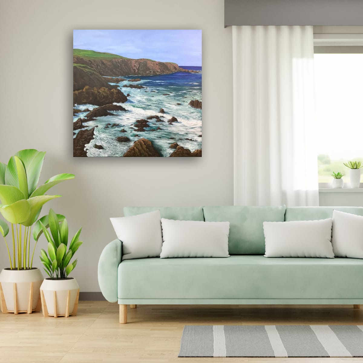 A canvas print of a rocky coast in Scotland